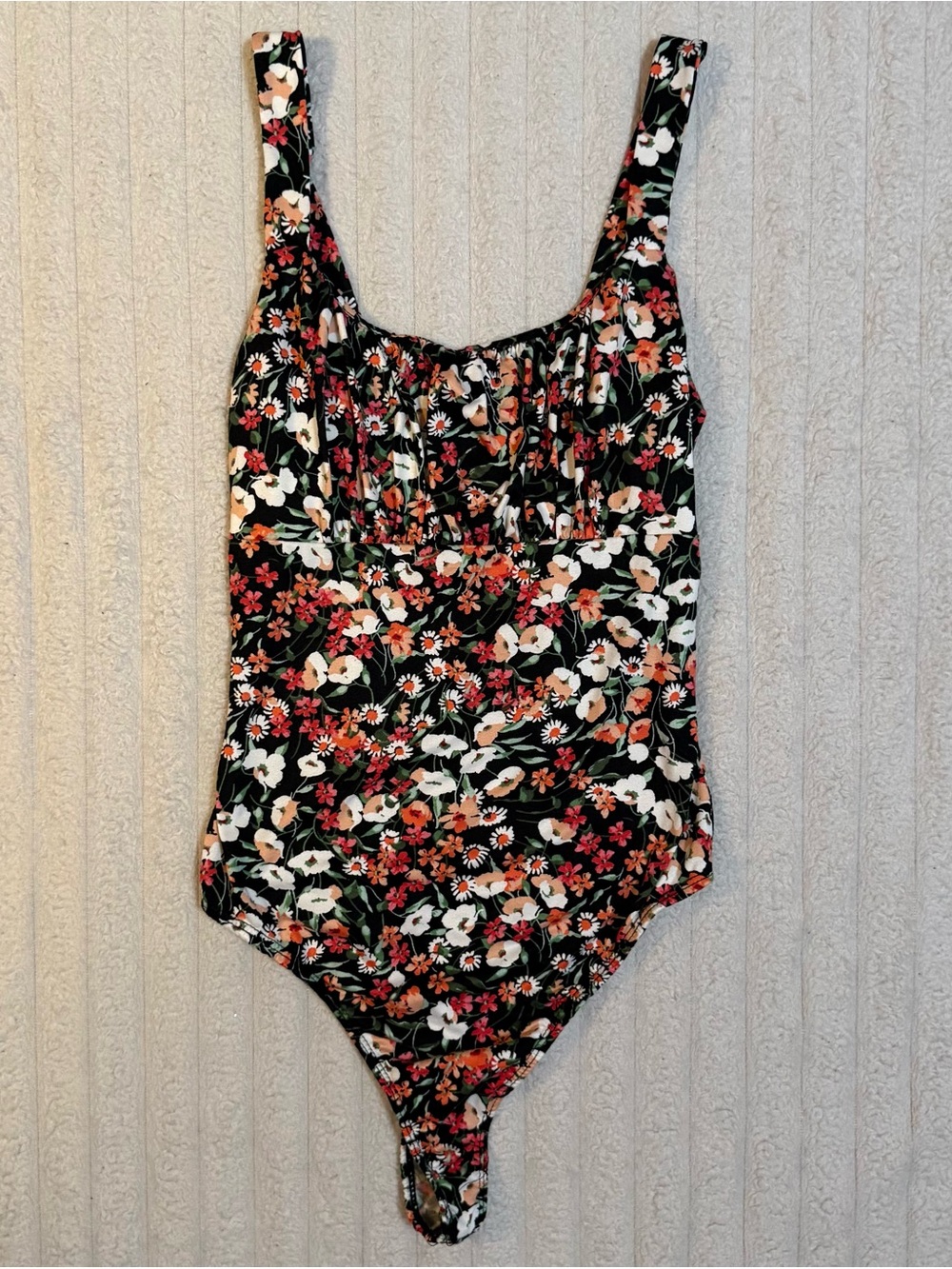 Women’s Just Polly Sleeveless Black Floral Bodysuit Ruched Bust Scoop Neck
